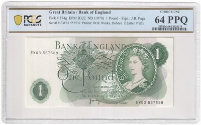 1970 - 1977 Bank of England J B Page Green £1 One Pound Banknote Choice Uncirculated 64 PPQ
