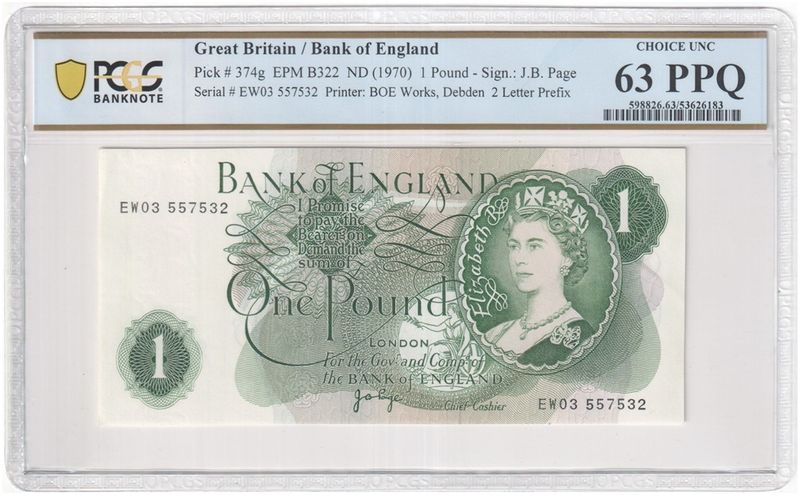 1970 - 1977 Bank of England J B Page Green £1 One Pound Banknote Choice Uncirculated 63 PPQ