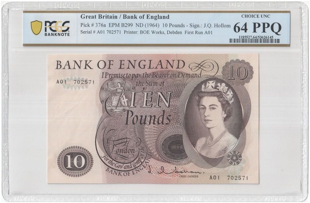 1964 - 1966 Bank of England J Q Hollom First Run £10 Ten Pound Banknote A01 Choice Uncirculated 64 PPQ