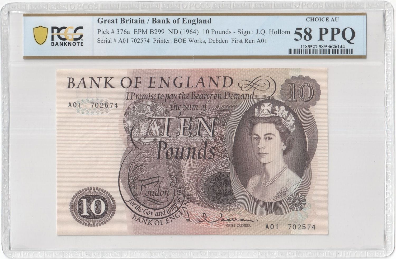 1964 - 1966 Bank of England J Q Hollom First Run £10 Ten Pound Banknote A01 Choice About Uncirculated 58 PPQ