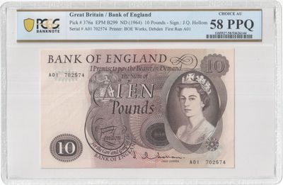 1964 - 1966 Bank of England J Q Hollom First Run £10 Ten Pound Banknote A01 Choice About Uncirculated 58 PPQ