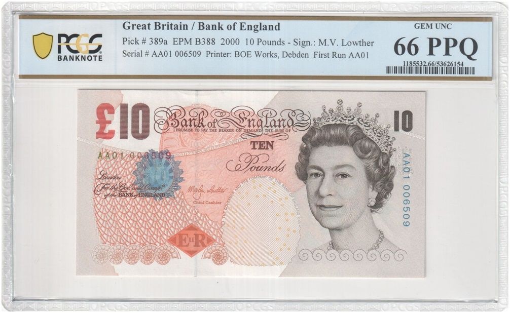 2000 Bank of England Merlyn Lowther First Run Darwin £10 Ten Pound Banknote AA01 Gem Uncirculated 66 PPQ