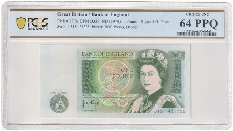 1978 - 1980 Bank of England J B Page Green £1 One Pound Banknote Choice Uncirculated 64 PPQ