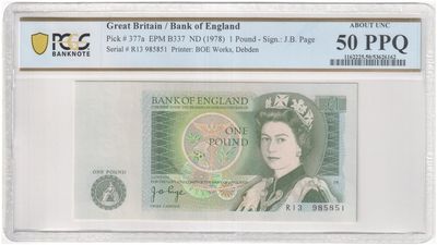 1978 - 1980 Bank of England J B Page Green £1 One Pound Banknote About Uncirculated 50 PPQ