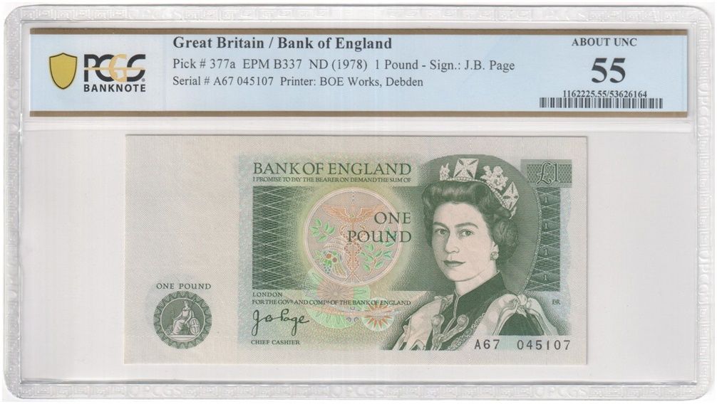1978 - 1980 Bank of England J B Page Green £1 One Pound Banknote About Uncirculated 55