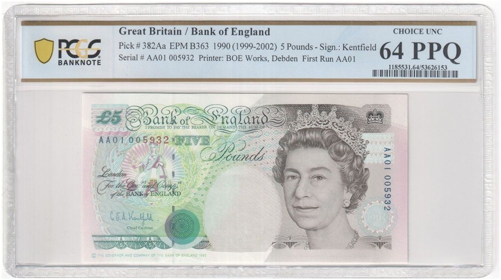 1990 Bank of England G E A Kentfield Stephenson First Run £5 Five Pound Banknote AA01 Choice Uncirculated 64 PPQ