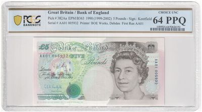 1990 Bank of England G E A Kentfield Stephenson First Run £5 Five Pound Banknote AA01 Choice Uncirculated 64 PPQ