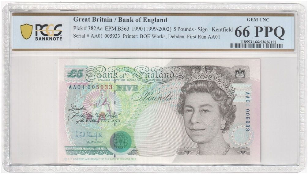1990 Bank of England G E A Kentfield Stephenson First Run £5 Five Pound Banknote AA01 Gem Uncirculated 66 PPQ