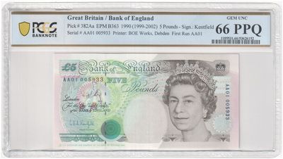 1990 Bank of England G E A Kentfield Stephenson First Run £5 Five Pound Banknote AA01 Gem Uncirculated 66 PPQ