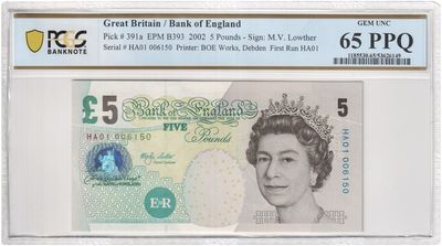1999 - 2002 Bank of England Merlyn Lowther First Run Elizabeth Fry £5 Five Pound Banknote HA01 Gem Uncirculated 65 PPQ