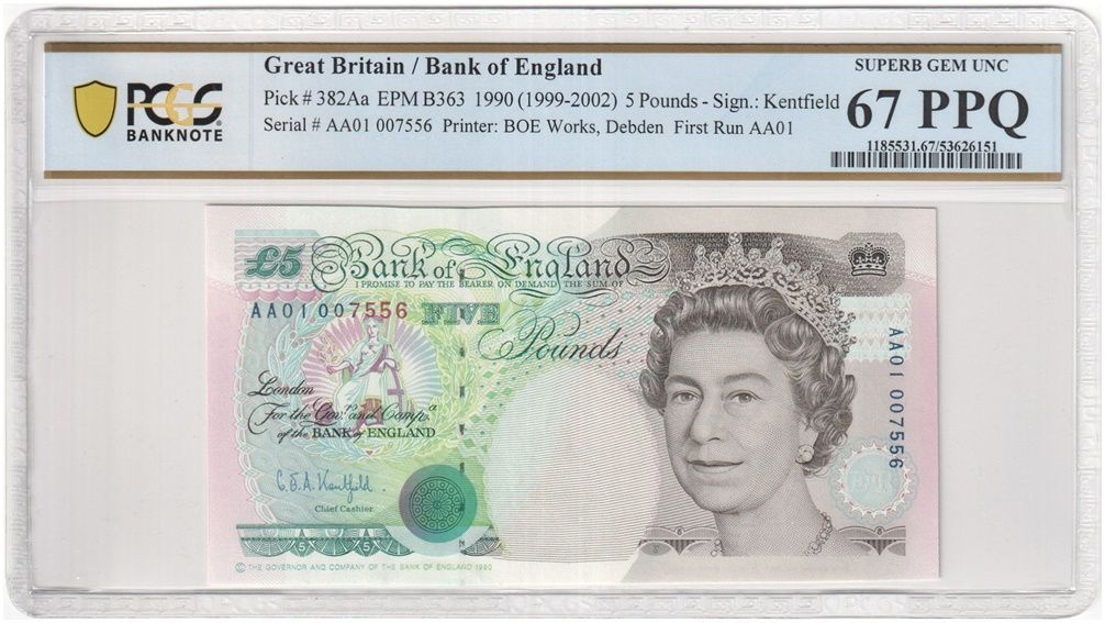 1990 Bank of England G E A Kentfield Stephenson First Run £5 Five Pound Banknote AA01 Superb Gem Uncirculated 67 PPQ 1990 Bank of England G E A Kentfield Stephenson First Run £5 Five Pound Banknote AA01 Superb Gem Uncirculated 67 PPQ