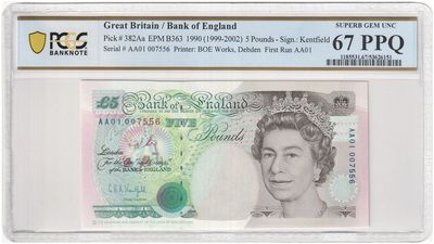 1990 Bank of England G E A Kentfield Stephenson First Run £5 Five Pound Banknote AA01 Superb Gem Uncirculated 67 PPQ