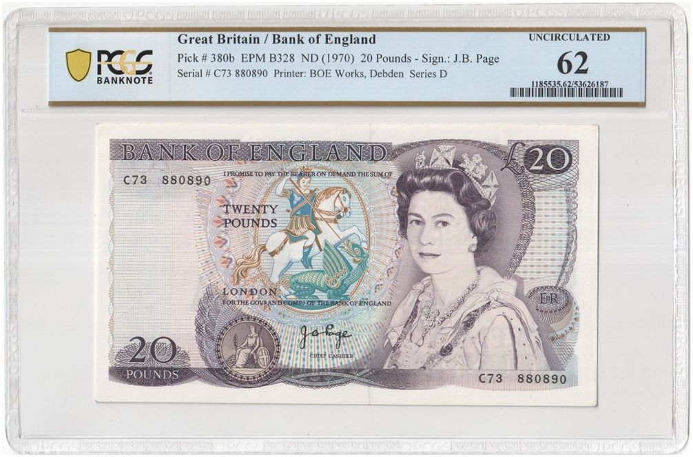 1970 Bank of England J B Page Shakespeare £20 Twenty Pound Banknote Uncirculated 62