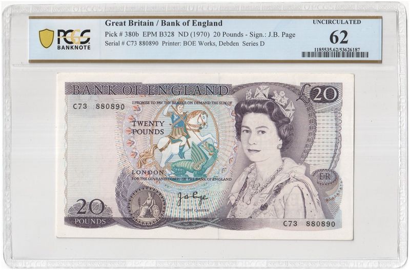 1970 Bank of England J B Page Shakespeare £20 Twenty Pound Banknote Uncirculated 62