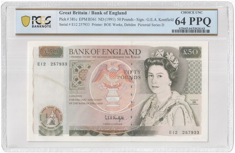 1991 Bank of England G E A Kentfield Wren £50 Fifty Pound Banknote Choice Uncirculated 64 PPQ