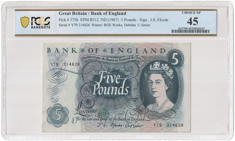 1967 Bank of England J S Fforde Blue £5 Five Pound Banknote Choice Extra Fine 45