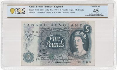 1967 Bank of England J S Fforde Blue £5 Five Pound Banknote Choice Extra Fine 45