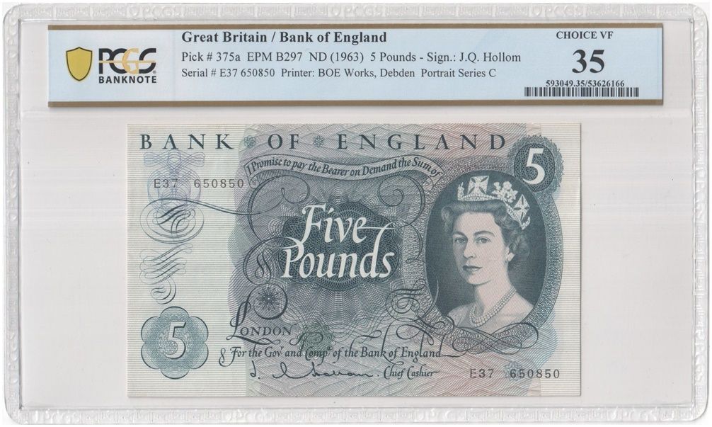 1963 - 1967 Bank of England J Q Hollom Blue £5 Five Pound Banknote Choice Very Fine 35 1963 - 1967 Bank of England J Q Hollom Blue £5 Five Pound Banknote Choice Very Fine 35