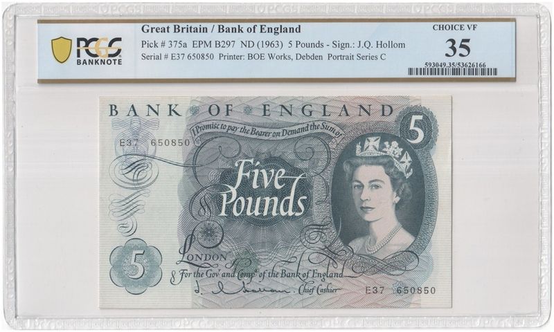 1963 - 1967 Bank of England J Q Hollom Blue £5 Five Pound Banknote Choice Very Fine 35