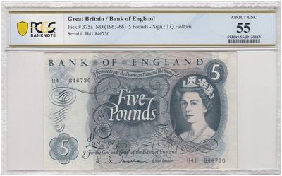 1963 - 1967 Bank of England J Q Hollom Blue £5 Five Pound Banknote About Uncirculated 55