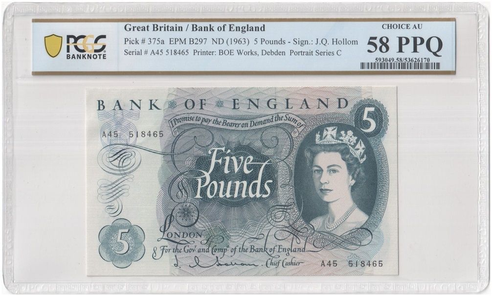 1963 - 1967 Bank of England J Q Hollom Blue £5 Five Pound Banknote Choice About Uncirculated 58 PPQ 1963 - 1967 Bank of England J Q Hollom Blue £5 Five Pound Banknote Choice About Uncirculated 58 PPQ