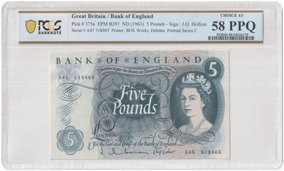 1963 - 1967 Bank of England J Q Hollom Blue £5 Five Pound Banknote Choice About Uncirculated 58 PPQ