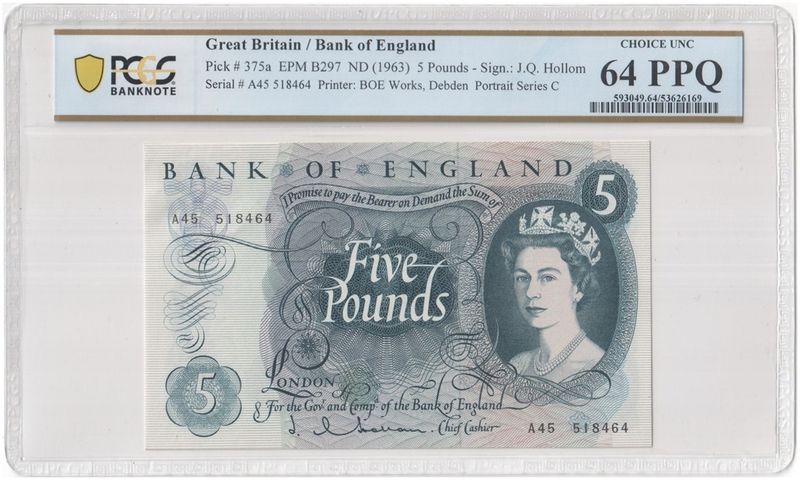 1963 - 1967 Bank of England J Q Hollom Blue £5 Five Pound Banknote Choice Uncirculated 64 PPQ