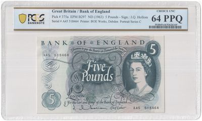 1963 - 1967 Bank of England J Q Hollom Blue £5 Five Pound Banknote Choice Uncirculated 64 PPQ