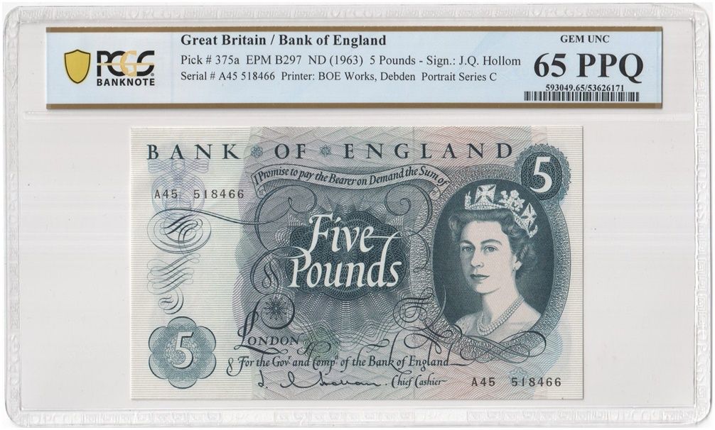 1963 - 1967 Bank of England J Q Hollom Blue £5 Five Pound Banknote Gem Uncirculated 65 PPQ 1963 - 1967 Bank of England J Q Hollom Blue £5 Five Pound Banknote Gem Uncirculated 65 PPQ
