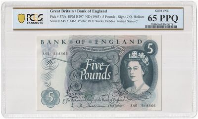 1963 - 1967 Bank of England J Q Hollom Blue £5 Five Pound Banknote Gem Uncirculated 65 PPQ