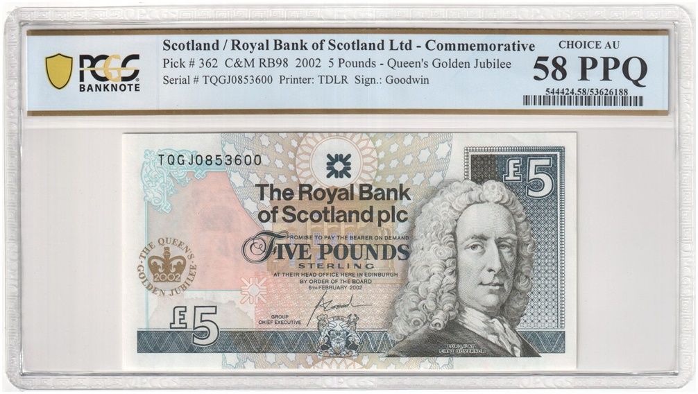 2002 Royal Bank of Scotland Golden Jubilee £5 Five Pound Banknote Choice About Uncirculated 58 PPQ 2002 Royal Bank of Scotland Golden Jubilee £5 Five Pound Banknote Choice About Uncirculated 58 PPQ