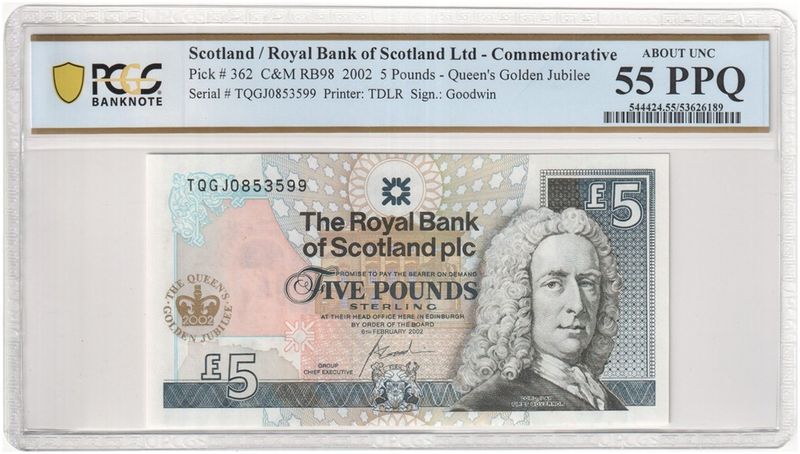 2002 Royal Bank of Scotland Golden Jubilee £5 Five Pound Banknote About Uncirculated 55 PPQ