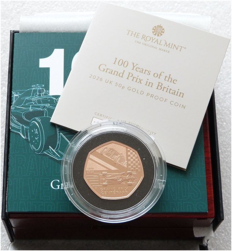 2026 British Grand Prix Centenary 50p Gold Proof Coin Box Coa - Mintage 100 2026 British Grand Prix Centenary 50p Gold Proof Coin Box Coa - Mintage 100