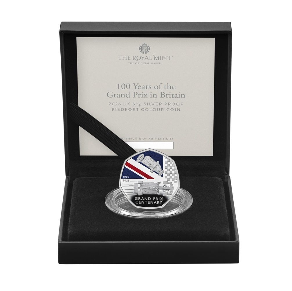 2026 British Grand Prix Centenary Piedfort 50p Silver Proof Coin Box Coa 2026 British Grand Prix Centenary Piedfort 50p Silver Proof Coin Box Coa