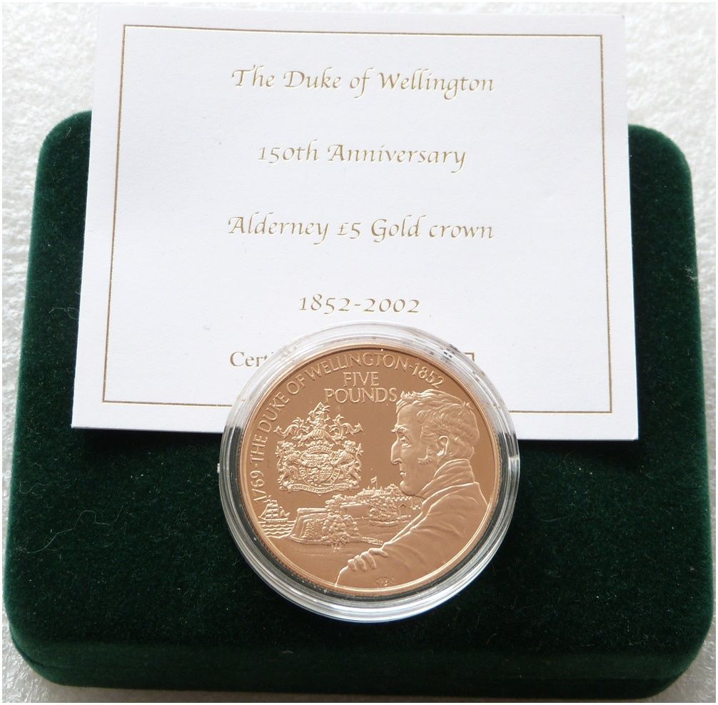 2002 Alderney Duke of Wellington £5 Five Pound Gold Proof Coin Box Coa 2002 Alderney Duke of Wellington £5 Five Pound Gold Proof Coin Box Coa