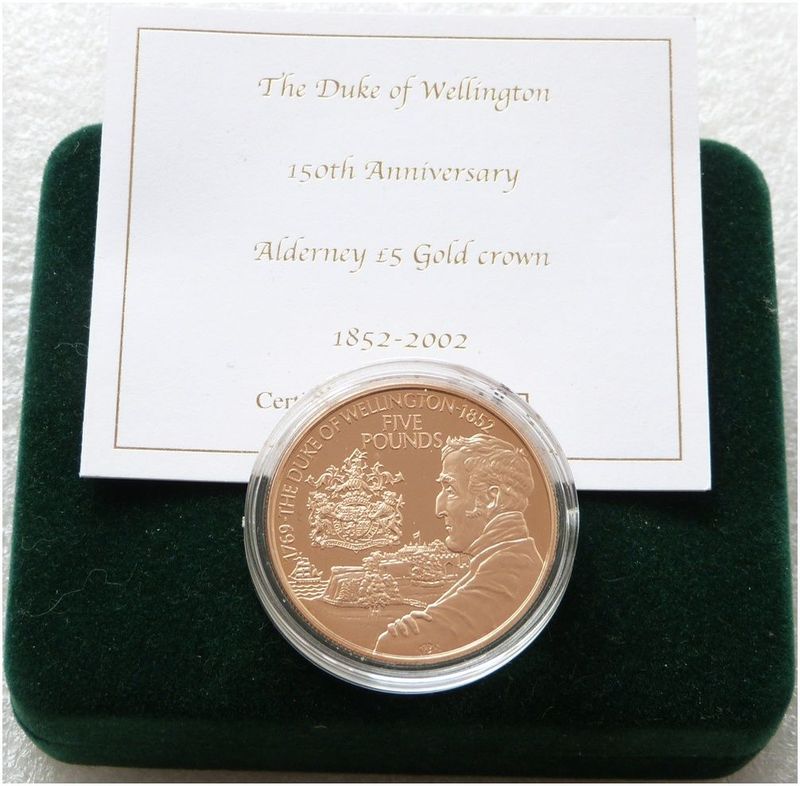 2002 Alderney Duke of Wellington £5 Five Pound Gold Proof Coin Box Coa 2002 Alderney Duke of Wellington £5 Five Pound Gold Proof Coin Box Coa