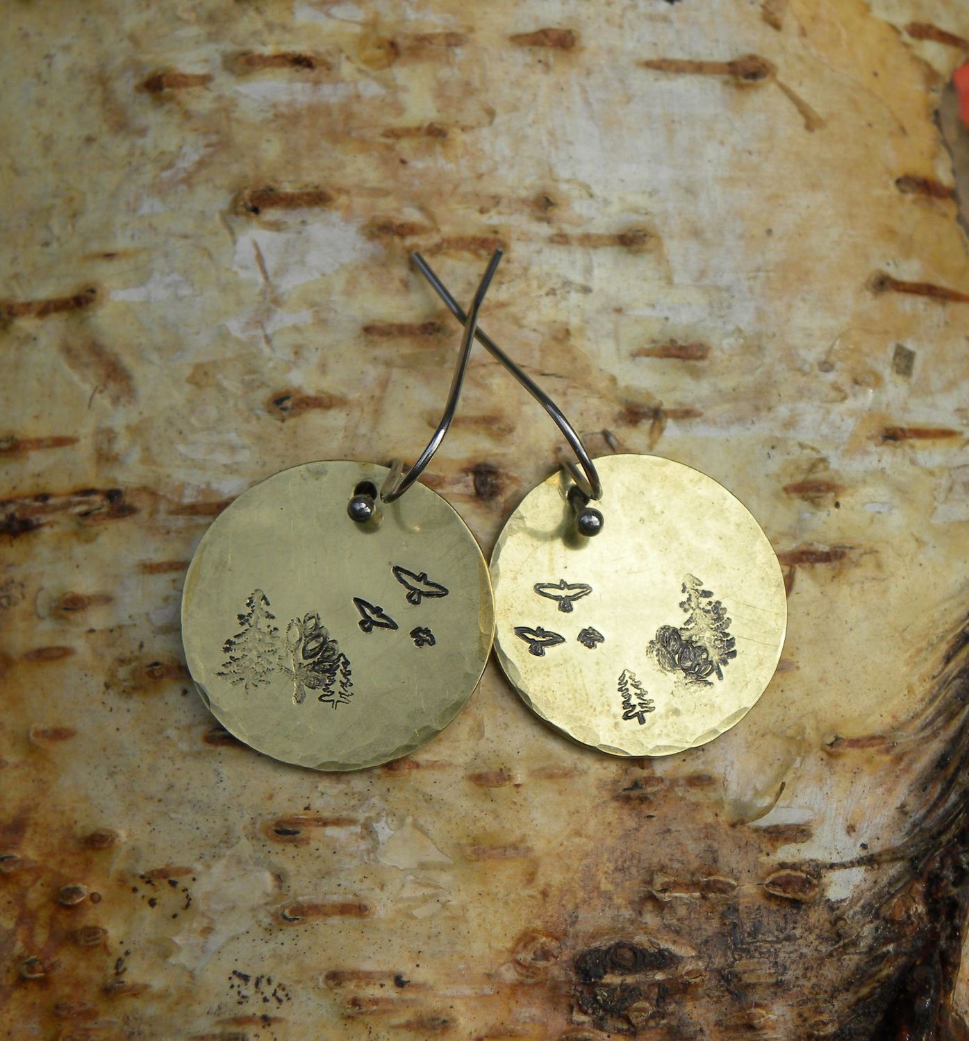 Boucles d'oreilles en laiton arbres et oiseaux