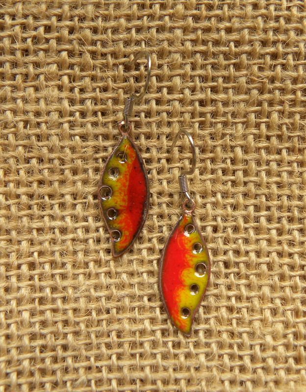Boucles d'oreilles en cuivre émaillé rouge et jaune
