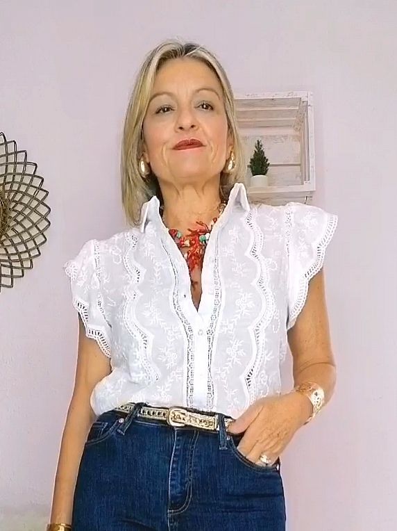 CAMISA BORDADOS  VOLANTES PUNTILLAS BLANCA