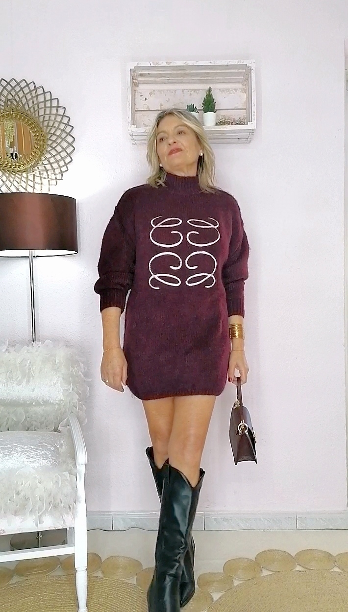 VESTIDO PUNTO BORDADO BURGUNDY