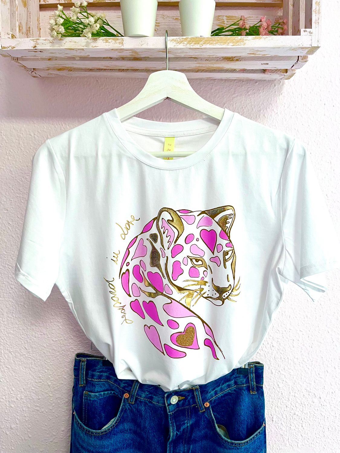 CAMISETA  PANTERA ANIMAL PRINT ROSA&DORADO