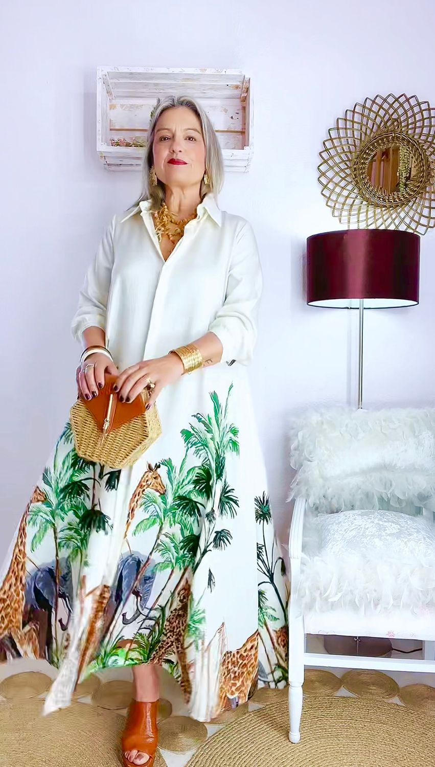 VESTIDO CAMISERO ESTAMPADO AFRICANO BEIGE