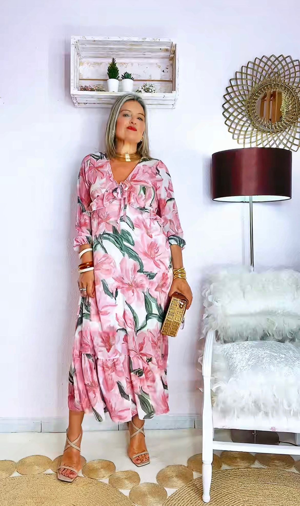 VESTIDO MIDI FLORAL ROSA