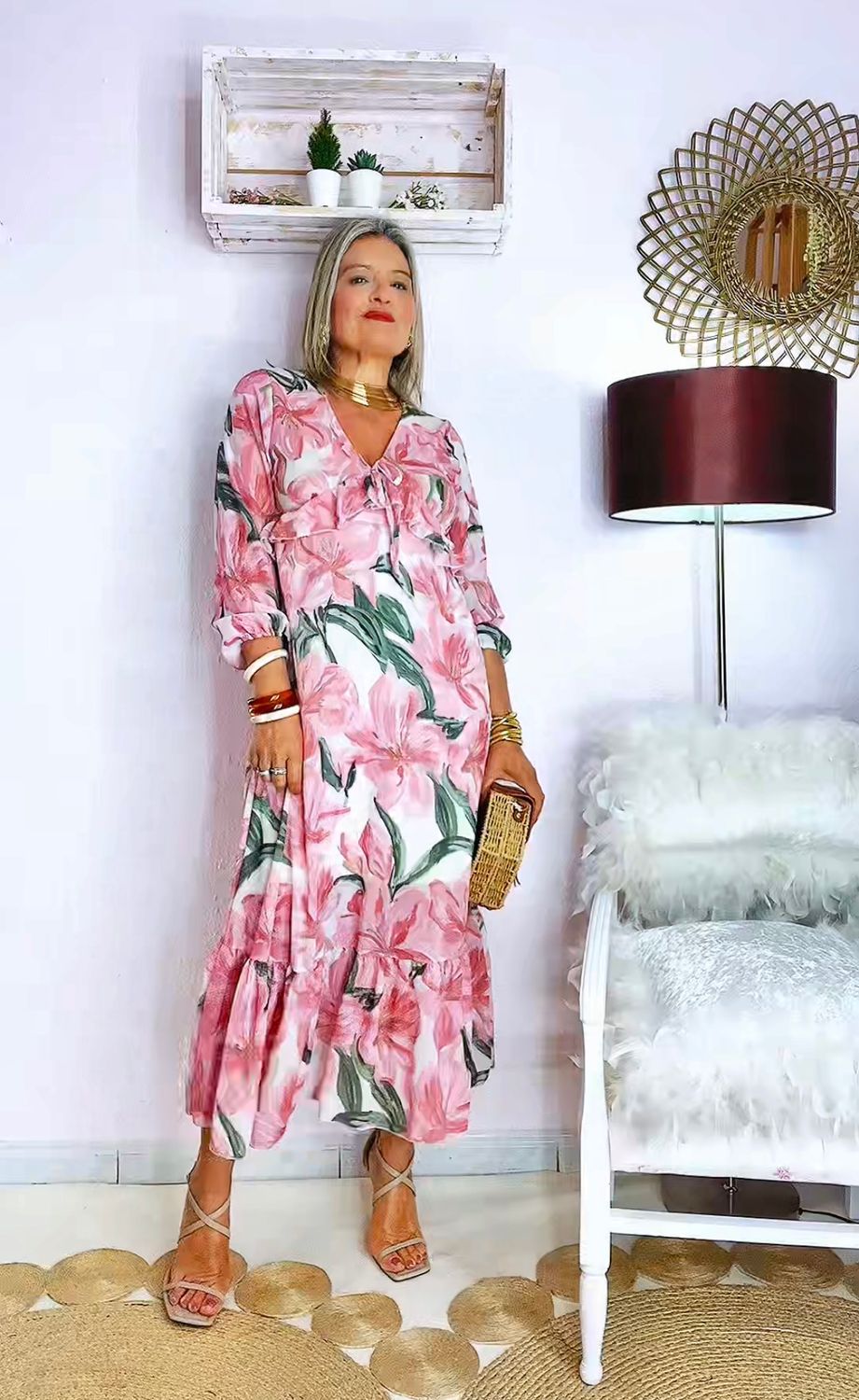 VESTIDO  MIDI FLORAL ROSA