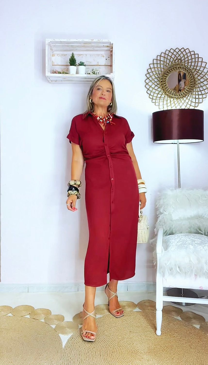 VESTIDO CAMISERO FRUNCIDO GUINDA