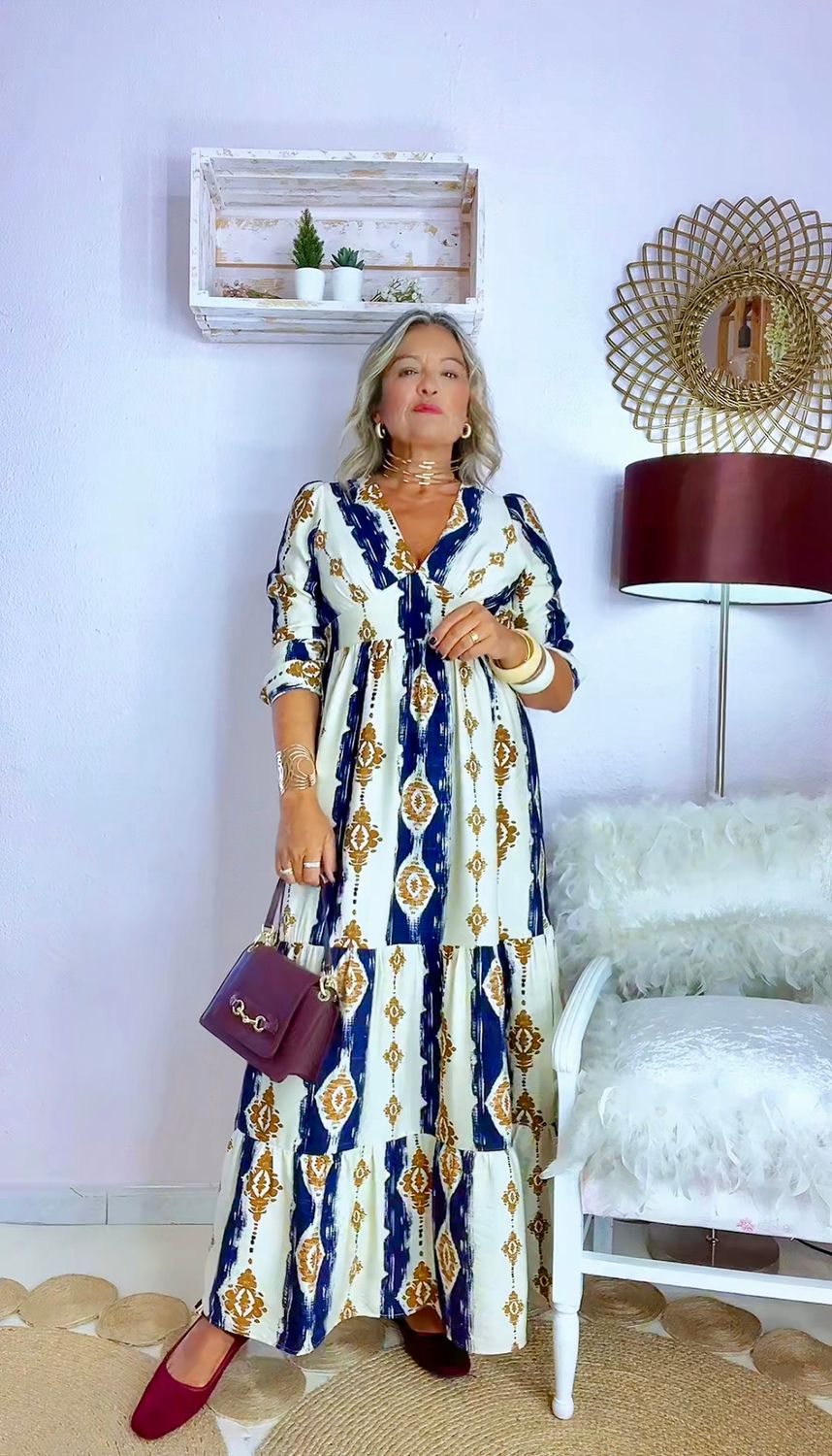 VESTIDO MIDI FLUIDO ESTAMPADO MARINO