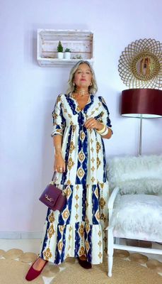 VESTIDO MIDI FLUIDO ESTAMPADO MARINO