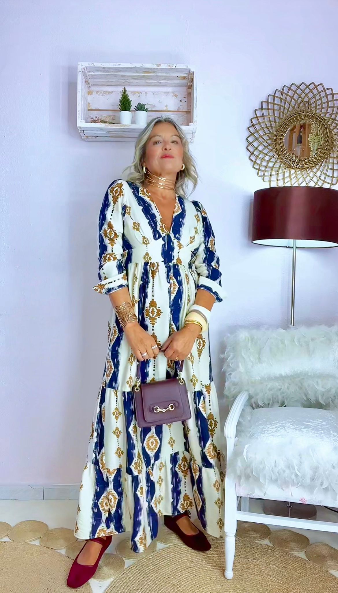 VESTIDO MIDI FLUIDO ESTAMPADO MARINO