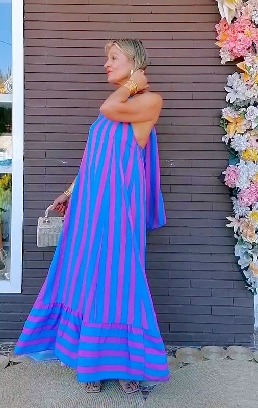 VESTIDO LAZADA CUELLO HALTER RAYAS AZUL/MORADO VESTIDO LAZADA CUELLO HALTER RAYAS AZUL/MORADO