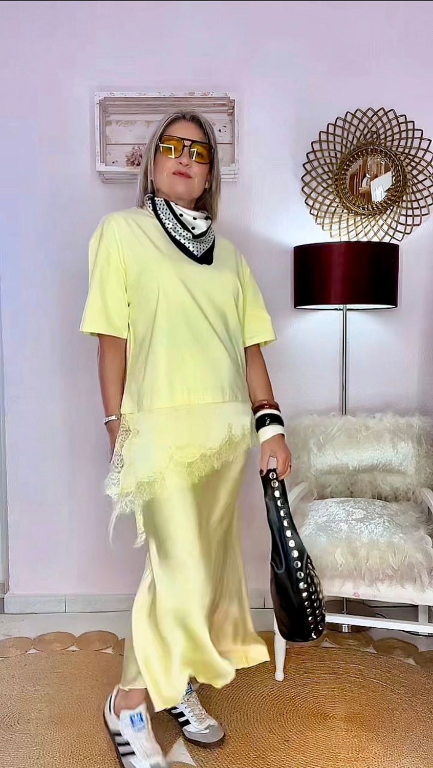 CAMISETA COMBINADA ENCAJE AMARILLA